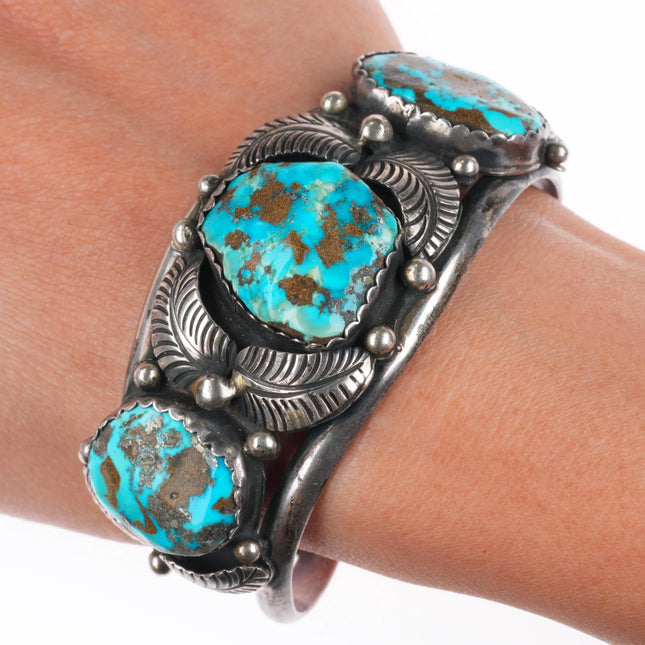 7" Vintage Navajo Morenci turquoise Sterling silver 3 stone cuff bracelet