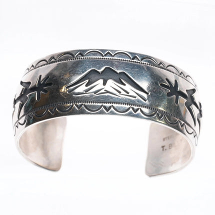 6.25" Tom Billy Navajo sterling silver cuff bracelet overlay Corn/mountains