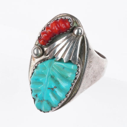 sz11  Loyolita Tsatte Zuni carved turquoise/coral sterling silver ring