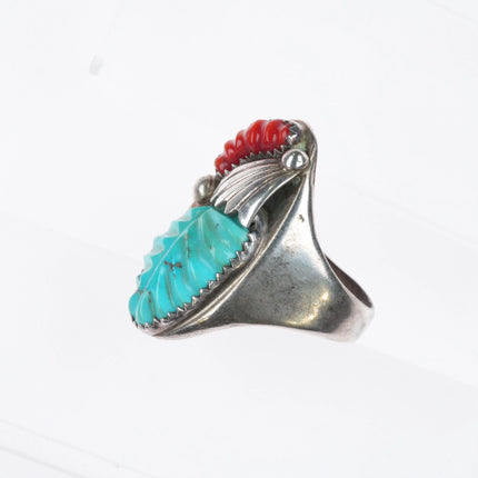 sz11  Loyolita Tsatte Zuni carved turquoise/coral sterling silver ring