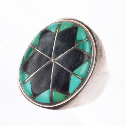 sz11  Vintage Zuni star turquoise/jet channel inlay men's ring sterling silver