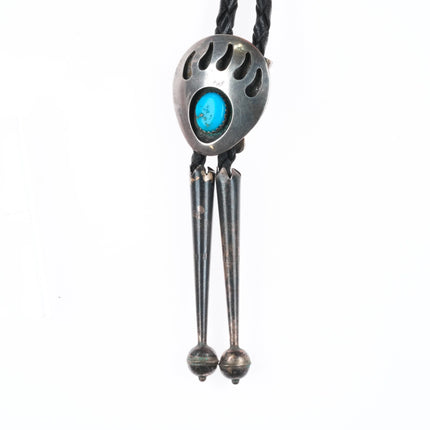 Vintage Navajo sterling silver bear paw shadowbox turquoise bolo tie