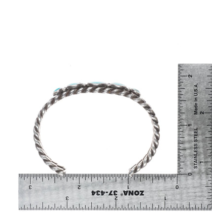 6.25" c1930's Navajo twisted sterling silver wire turquoise row cuff bracelet - Estate Fresh Austin