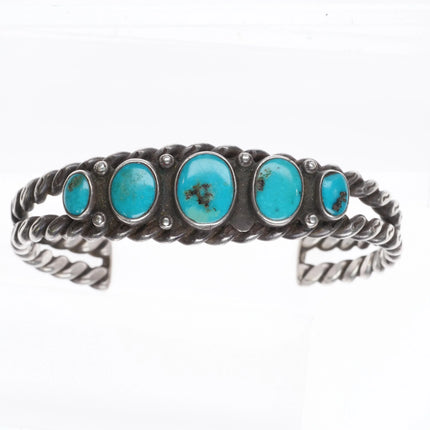 6.25" c1930's Navajo twisted sterling silver wire turquoise row cuff bracelet - Estate Fresh Austin