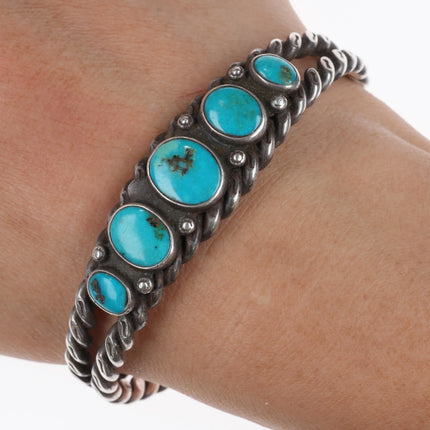 6.25" c1930's Navajo twisted sterling silver wire turquoise row cuff bracelet - Estate Fresh Austin