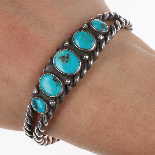 6.25" c1930's Navajo twisted sterling silver wire turquoise row cuff bracelet - Estate Fresh Austin