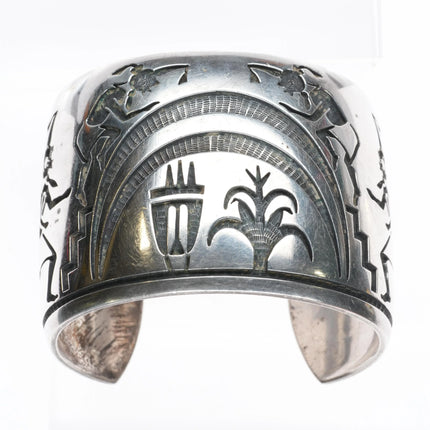 7" Big Bernard Dawahoya Hopi overlay cuff bracelet corn kachinas sterling silver - Estate Fresh Austin