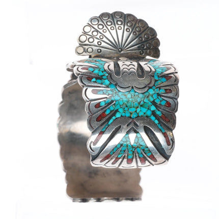 7" Vintage Navajo sterling silver peyote bird chip inlay watch cuff bracelet