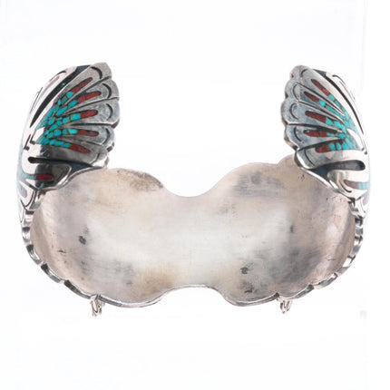7" Vintage Navajo sterling silver peyote bird chip inlay watch cuff bracelet