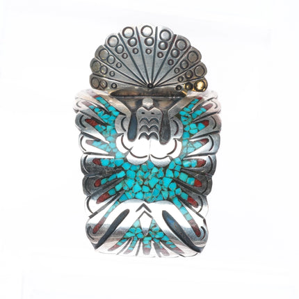 7" Vintage Navajo sterling silver peyote bird chip inlay watch cuff bracelet