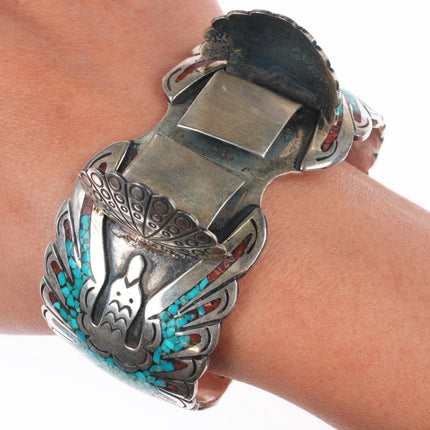 7" Vintage Navajo sterling silver peyote bird chip inlay watch cuff bracelet