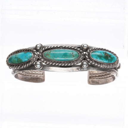 6.25" 1940's Navajo carinated sterling silver turquoise row cuff bracelet - Estate Fresh Austin