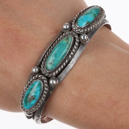 6.25" 1940's Navajo carinated sterling silver turquoise row cuff bracelet - Estate Fresh Austin
