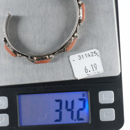 6.1" Carmelita Simplicio Zuni orange coral sterling silver row cuff bracelet - Estate Fresh Austin