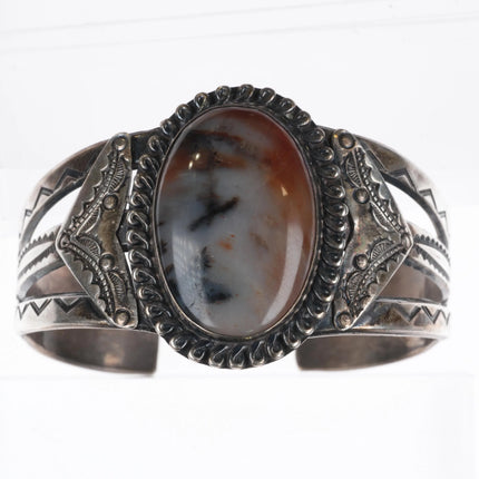 6.6" 1940's Navajo sterling silver hand stamped petrified wood cuff bracelet - Estate Fresh Austin