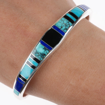 6.75" Southwestern sterling silver spiderweb turquoise, lapis cuff bracelet - Estate Fresh Austin