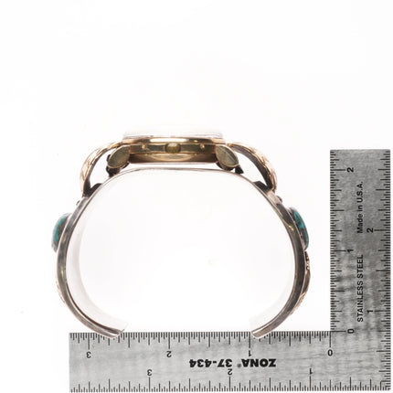 7.2" Vintage 14k gold/Sterling Navajo turquoise watch cuff bracelet w/ Breguette