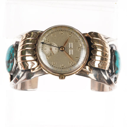 7.2" Vintage 14k gold/Sterling Navajo turquoise watch cuff bracelet w/ Breguette