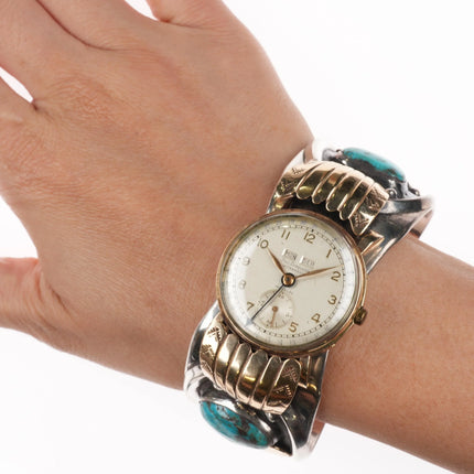 7.2" Vintage 14k gold/Sterling Navajo turquoise watch cuff bracelet w/ Breguette