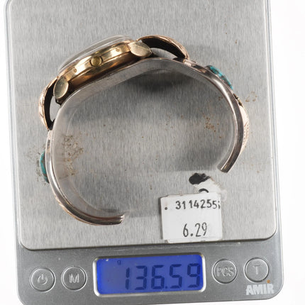 7.2" Vintage 14k gold/Sterling Navajo turquoise watch cuff bracelet w/ Breguette