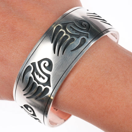 7" Nathan Fred Hopi Overlay bear paw cuff bracelet sterling silver