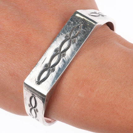 6.5" KM Navajo sterling silver hand stamped flat face cuff bracelet
