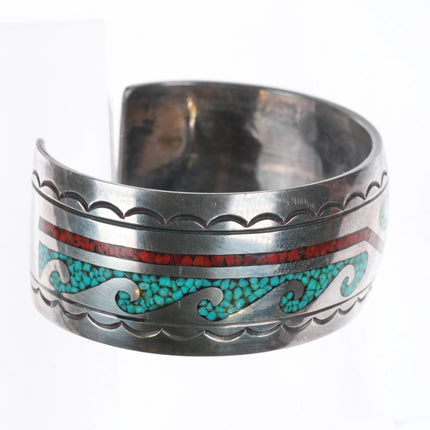 6.9" Navajo chip inlay water/wave sterling silver vintage cuff bracelet