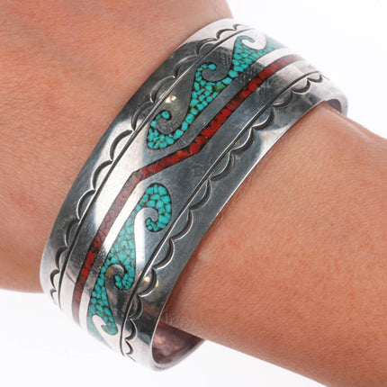 6.9" Navajo chip inlay water/wave sterling silver vintage cuff bracelet