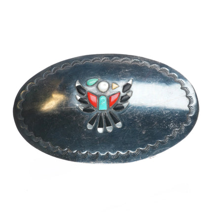 c1960 JJ Zuni sterling silver thunderbird raised channel inlay belt buckle