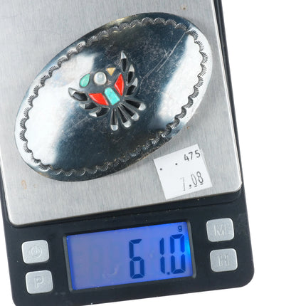 c1960 JJ Zuni sterling silver thunderbird raised channel inlay belt buckle