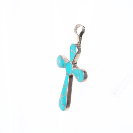 Johnson Zuni sterling silver channel inlay turquoise cross pendant