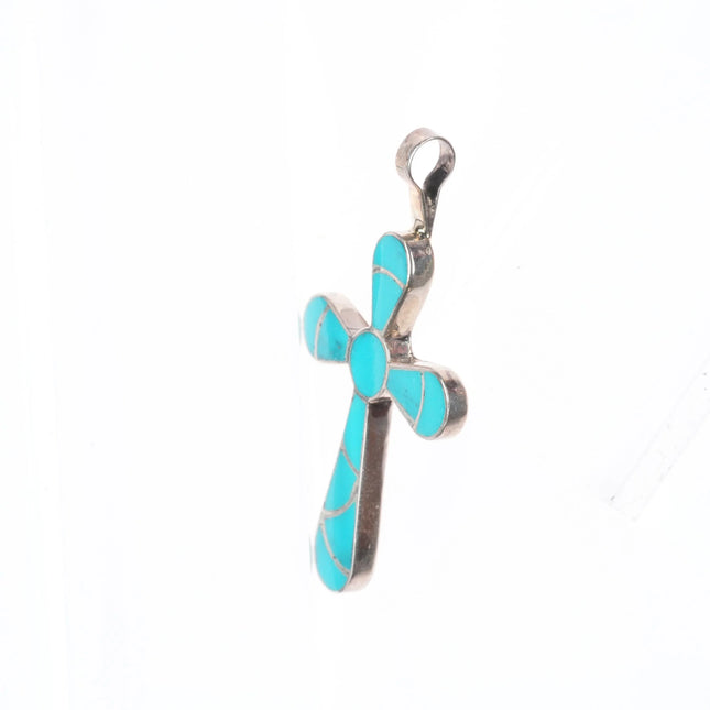 Johnson Zuni sterling silver channel inlay turquoise cross pendant