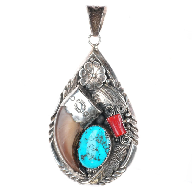 Large vintage Navajo sterling silver, turquoise/coral racoon Claw pendant