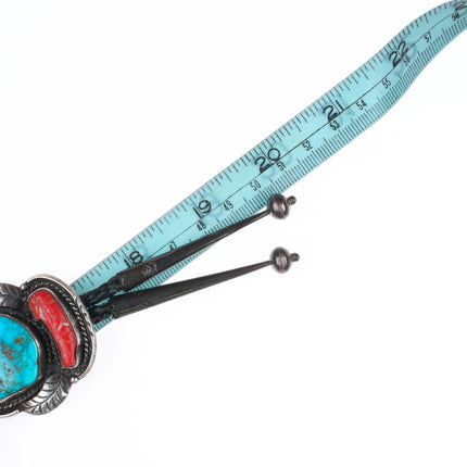 c1960 c-31 Navajo sterling silver, turquoise/coral bolo tie w/feather design