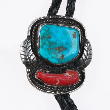 c1960 c-31 Navajo sterling silver, turquoise/coral bolo tie w/feather design