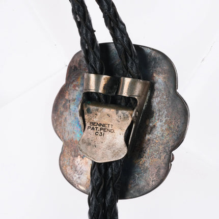c1960 c-31 Navajo sterling silver, turquoise/coral bolo tie w/feather design