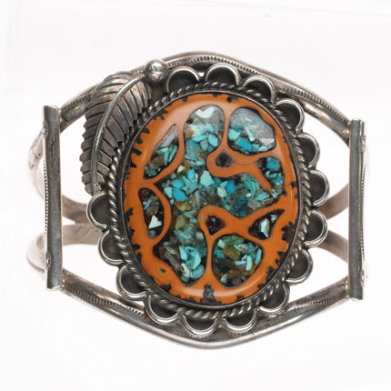 6.6" c1970's Navajo sterling silver turquoise chip inlay walnut cuff bracelet - Estate Fresh Austin
