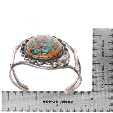 6.6" c1970's Navajo sterling silver turquoise chip inlay walnut cuff bracelet - Estate Fresh Austin