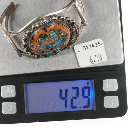 6.6" c1970's Navajo sterling silver turquoise chip inlay walnut cuff bracelet - Estate Fresh Austin