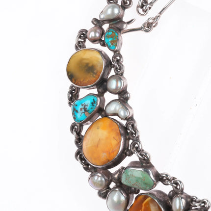 Jan Pomianowski Turquoise, baroque pearl, Butterscotch Amber sterling necklace