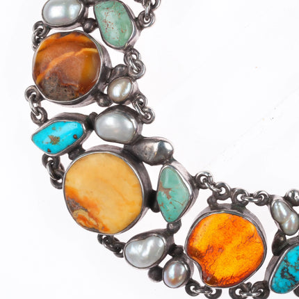Jan Pomianowski Turquoise, baroque pearl, Butterscotch Amber sterling necklace