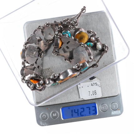 Jan Pomianowski Turquoise, baroque pearl, Butterscotch Amber sterling necklace