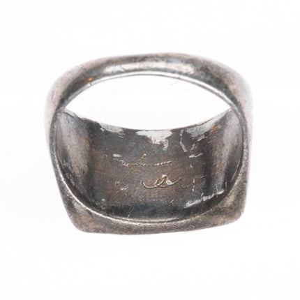 sz10.5 c1940 Zuni sterling silver turquoise inlay ring w/smiley face stampings