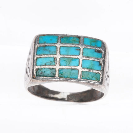 sz10.5 c1940 Zuni sterling silver turquoise inlay ring w/smiley face stampings