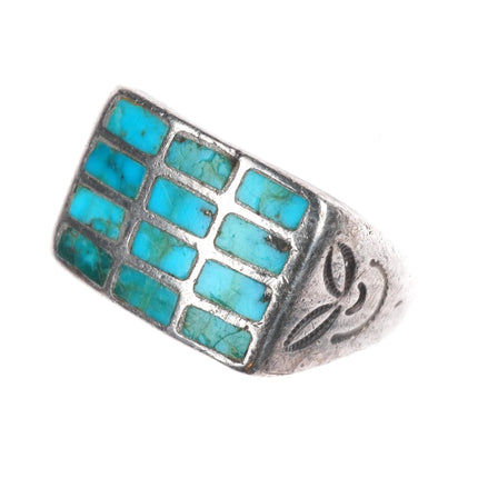 sz10.5 c1940 Zuni sterling silver turquoise inlay ring w/smiley face stampings