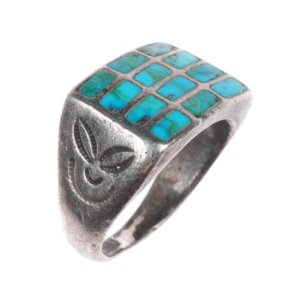 sz10.5 c1940 Zuni sterling silver turquoise inlay ring w/smiley face stampings