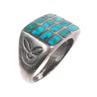 sz10.5 c1940 Zuni sterling silver turquoise inlay ring w/smiley face stampings