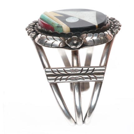 7.1" Vintage Navajo sterling silver cobblestone/intarsia inlay cuff bracelet - Estate Fresh Austin