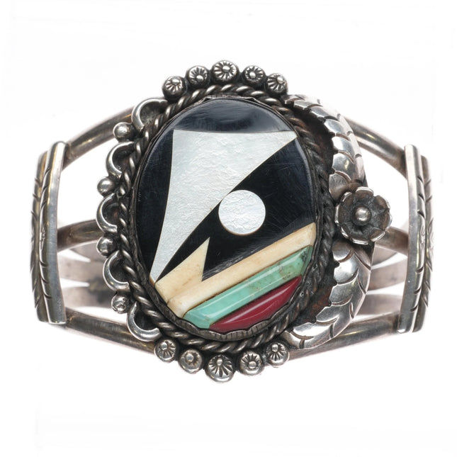 7.1" Vintage Navajo sterling silver cobblestone/intarsia inlay cuff bracelet - Estate Fresh Austin