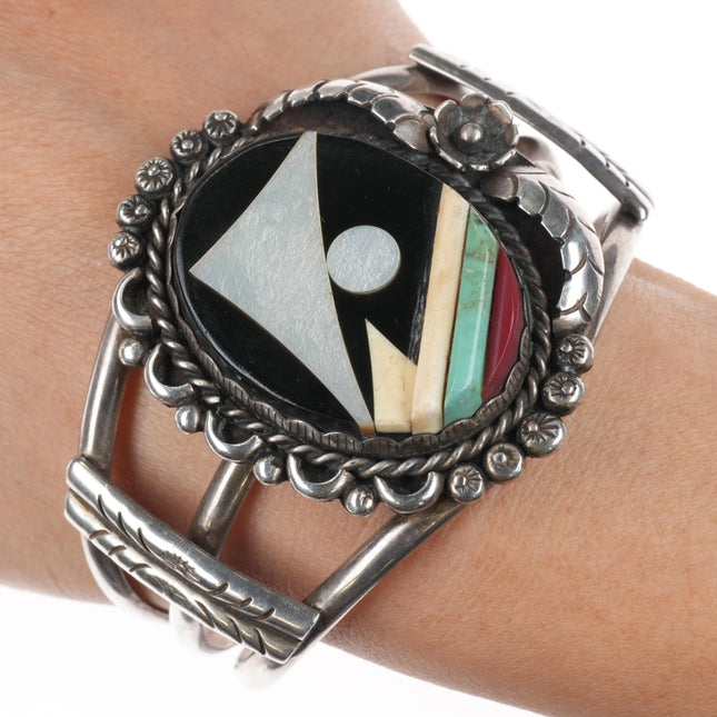 7.1" Vintage Navajo sterling silver cobblestone/intarsia inlay cuff bracelet - Estate Fresh Austin